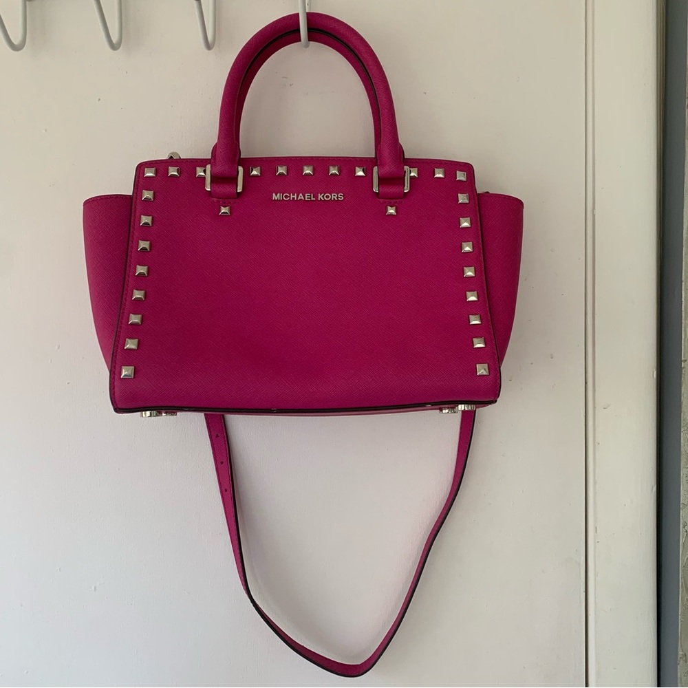 Michael Kors Fuchsia Pink Leather Medium Size Studded Satchel - Picture 9 of 12